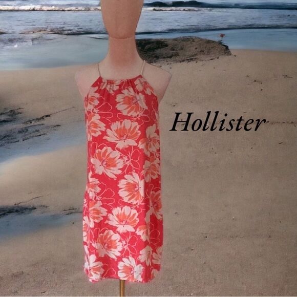 HOLLISTER BEACH SUMMER EXTRA SM MINI DRESS PEACH PINK FLORAL PRINT ROPE DETAIL - Picture 1 of 7
